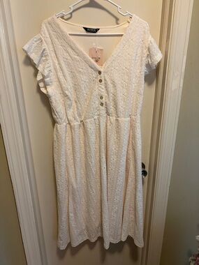 BloomChic Cream Eyelet Midi Dress with Button Front